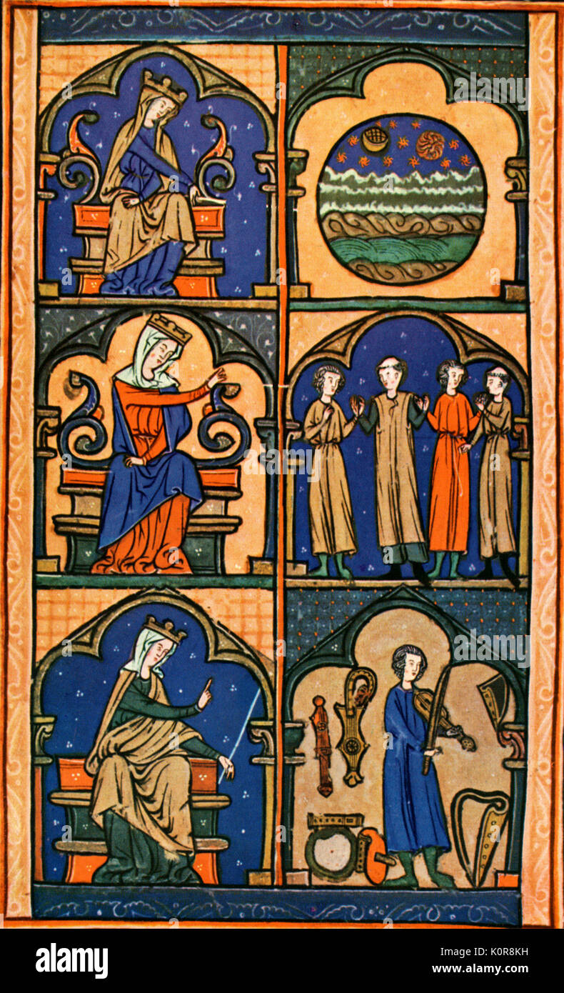 Il XIV secolo manoscritto illuminato che illustra 3 tipi di musica di Boezio descritto: musica mundana (alto) l'ordine matematico dell'universo, musica humana (centrale) l armonia del corpo umano e anima, musica instrumentalis (fondo) musica udibile. Musica delle sfere. Foto Stock