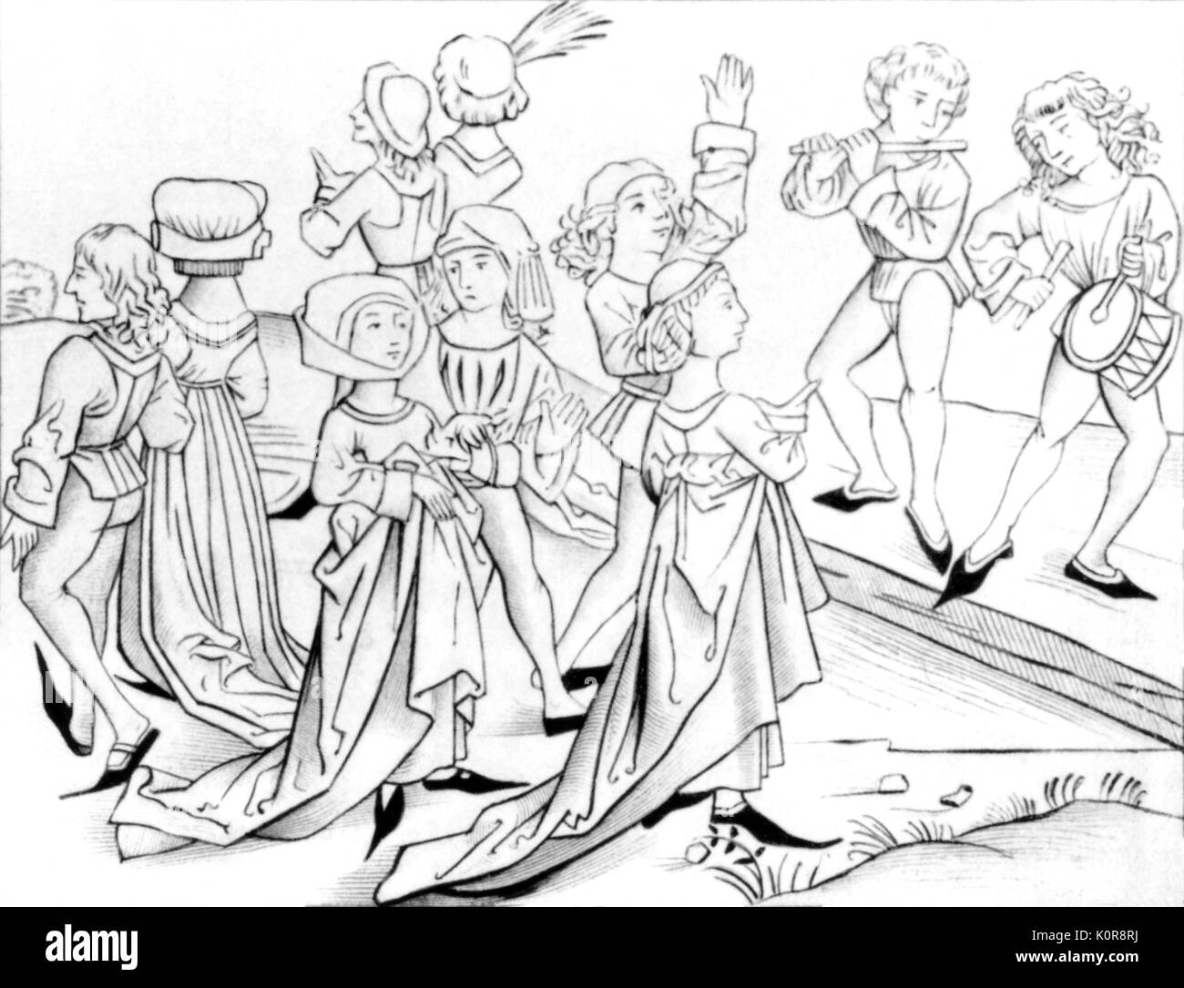 Medieval ballerini e musicisti di suonare tubo & tabor nella notte di Natale - illustrazione di P. Wolgmuth, 1493. Da "Liber Chronicarum Mundi". Foto Stock