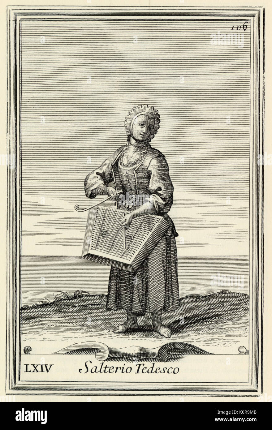 Musicista di cembalo salterio tedesco (tedesco il salterio) da Bonanni 'Gabinetto Armonico" pubblicata nel 1723. Incisione di Arnold van Westerhout. Illustrazione 106 Foto Stock