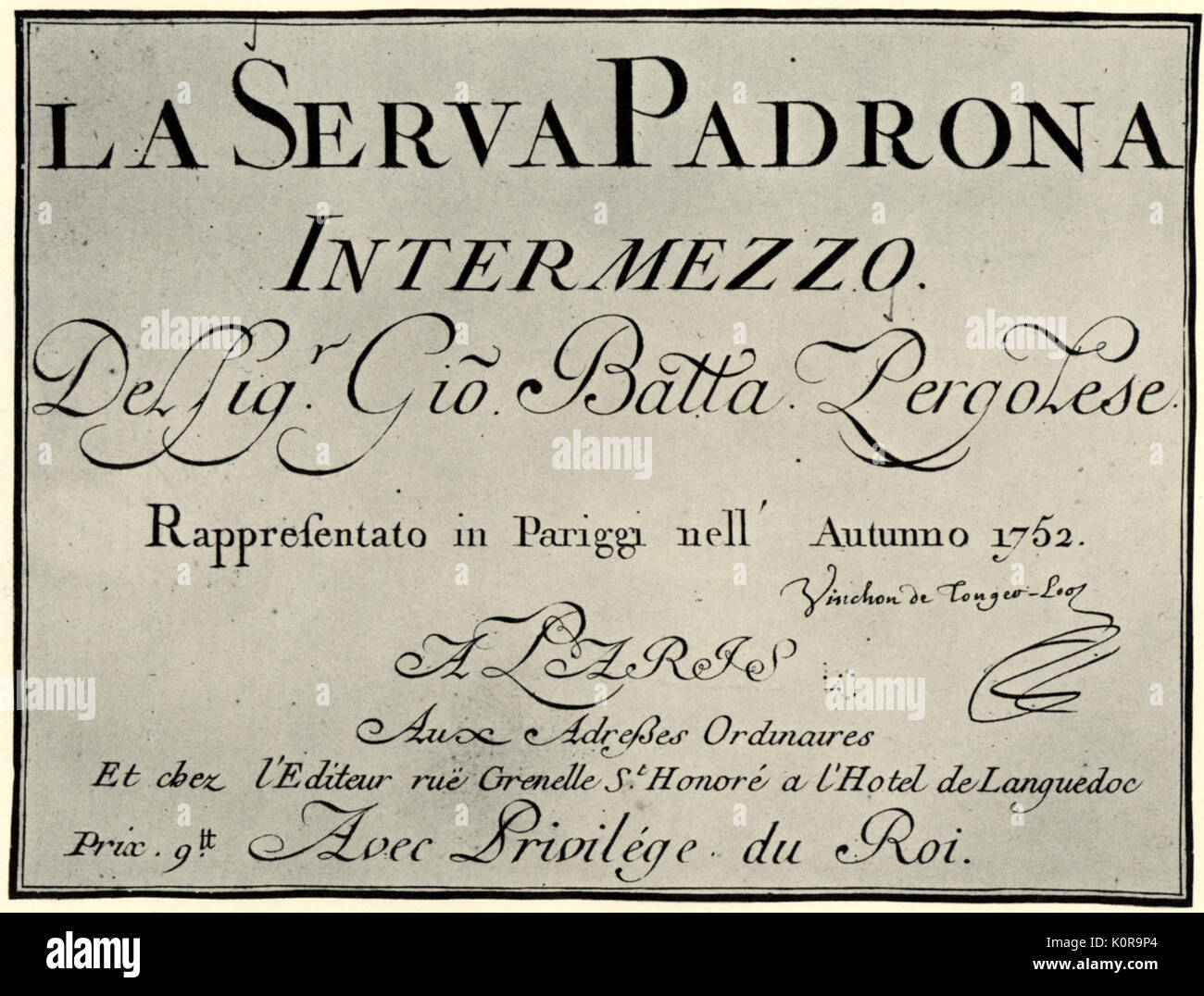 Giovanni Battista Pergolesi, 1710-1736. Titlepage della prima edizione de La serva padrona di Pergolesi, 1752 Foto stock - Alamy