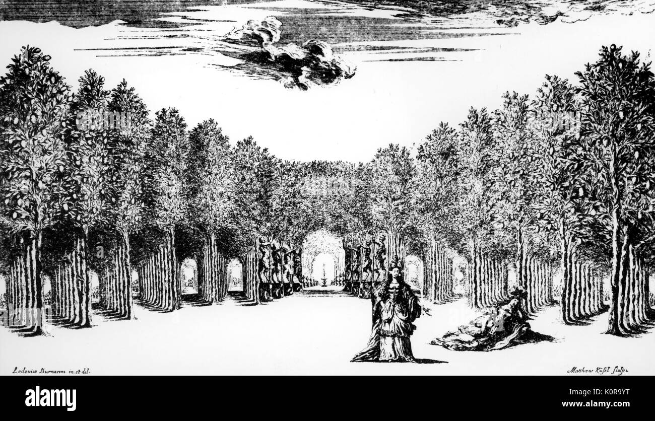 (Pietro) Antonio Cesti 's opera 'Il pomo d'oro" - Atto IV, Scena 2: Slumber di Ennone scena. Compositore italiano 5 Agosto 1623 -14 ottobre 1669. Opera composta per il matrimonio di imperatore Leopoldo I e Margarete Therese (Infanta Margherita) della Spagna il 12 dicembre 1666. Incisione di L. Burnacini dopo M Küsel, 1668. Foto Stock