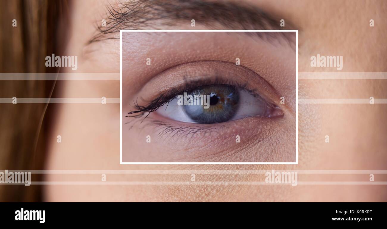 Digital composito di donna con occhio casella del focus dettaglio e linee Foto Stock
