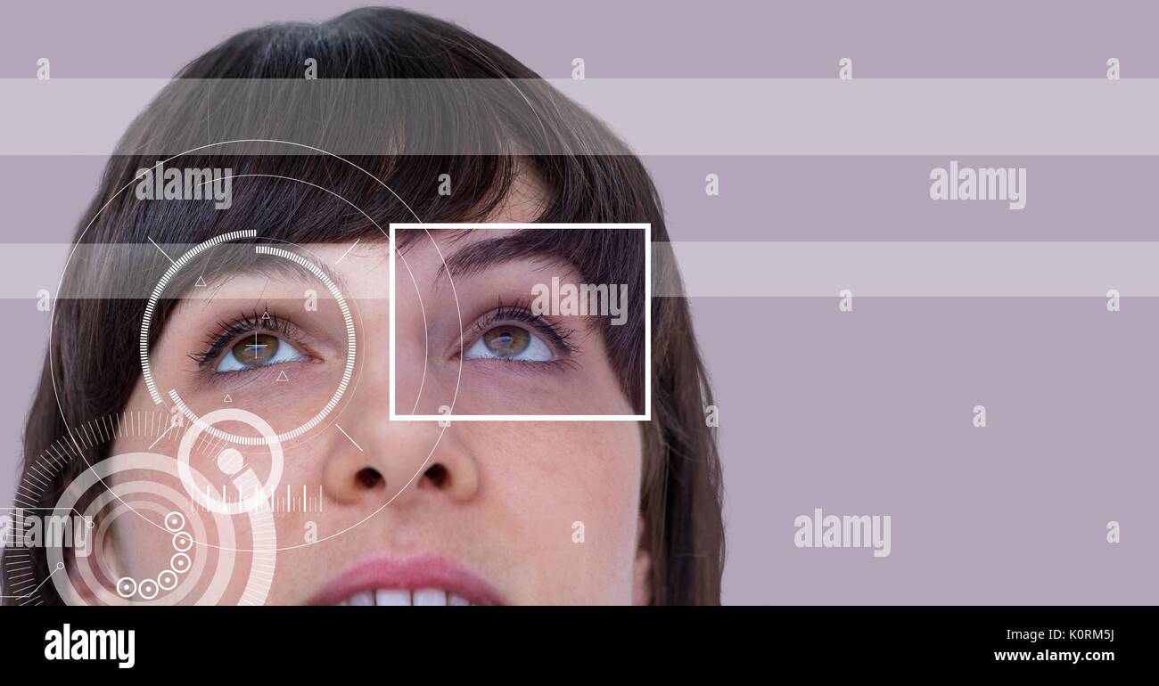Digital composito di donna con occhio casella del focus dettaglio e interfaccia di linee Foto Stock