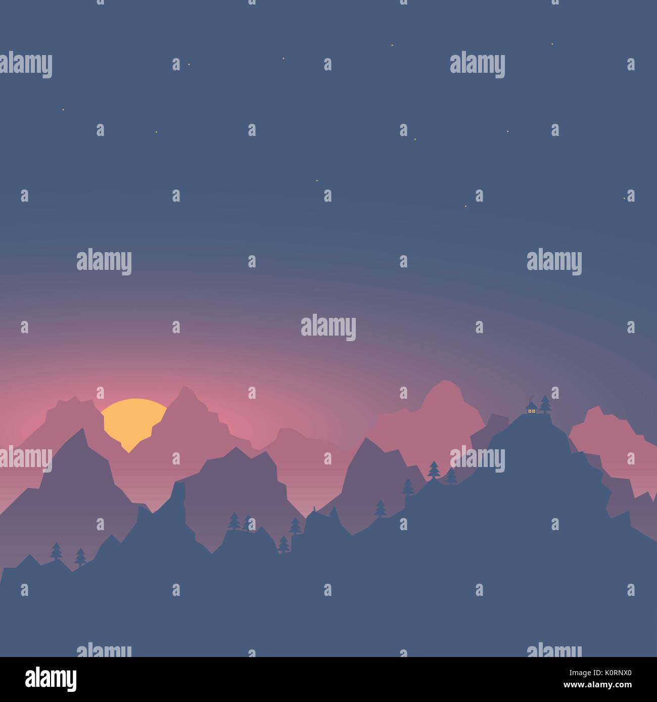 Serata nebbia paesaggio di montagne e di alpinismo viaggiando illustrazione vettoriale Tramonto Illustrazione Vettoriale