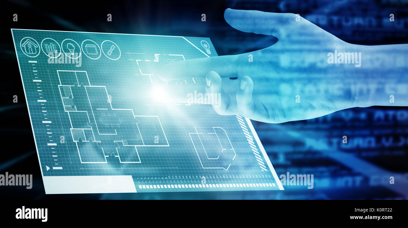 Ritagliate la mano della donna contro abstract il testo in blu Foto Stock