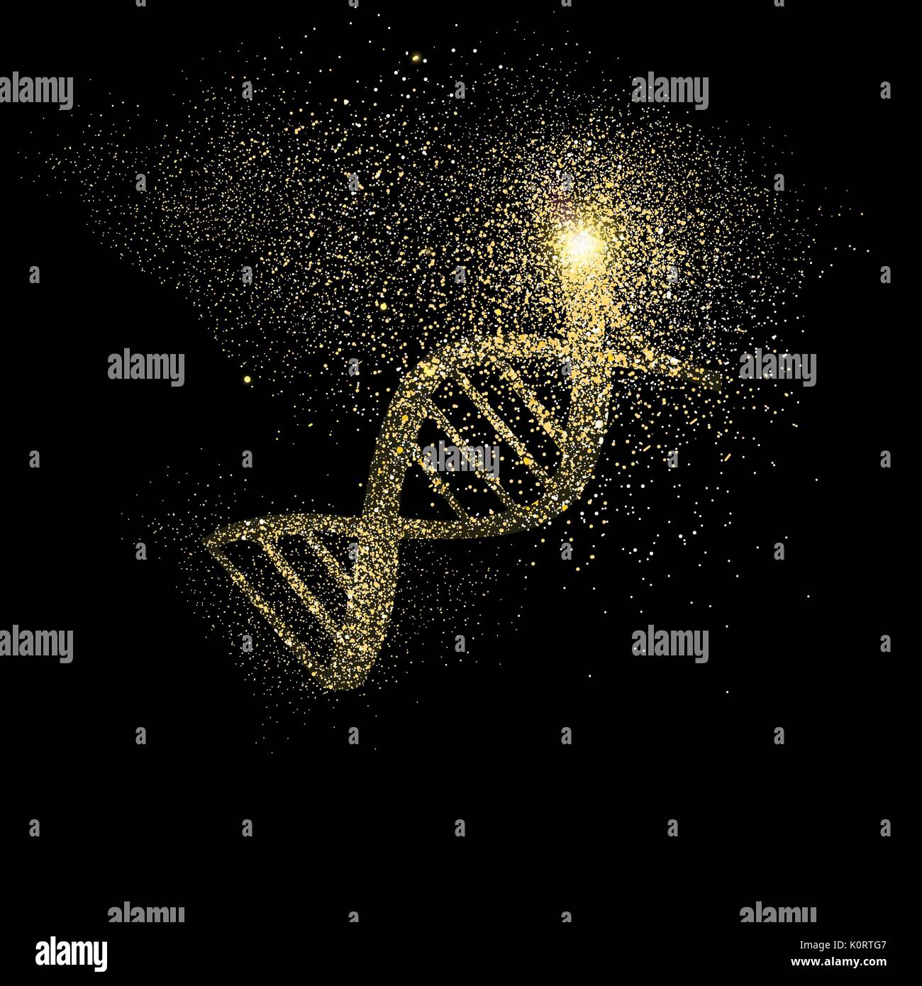 Il filamento di DNA simbolo concetto illustrazione, oro la scienza medica icona resa realistica golden glitter polvere su sfondo nero. EPS10 vettore. Illustrazione Vettoriale