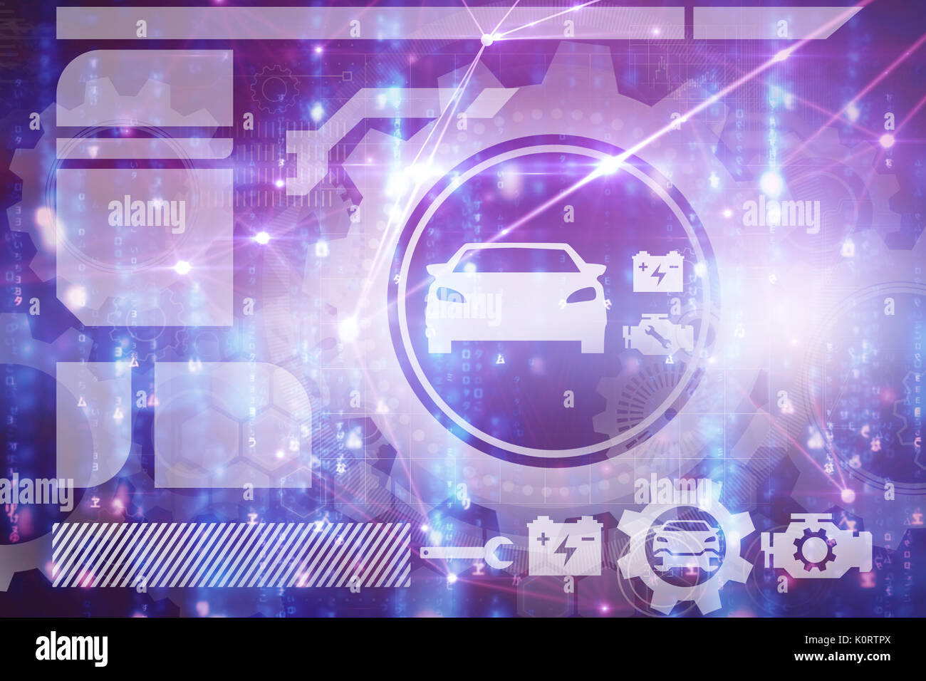 Generati digitalmente immagine di strumenti e auto contro incandescente sfondo blu Foto Stock