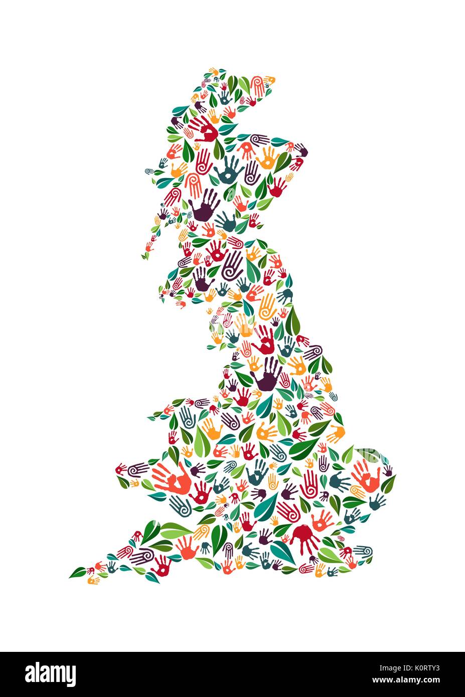 Paese di lingua inglese forma con il verde delle foglie e la mano umana stampe. Inghilterra mondo concetto guida illustrazione per opera di carità, la natura cura o progetto sociale Illustrazione Vettoriale