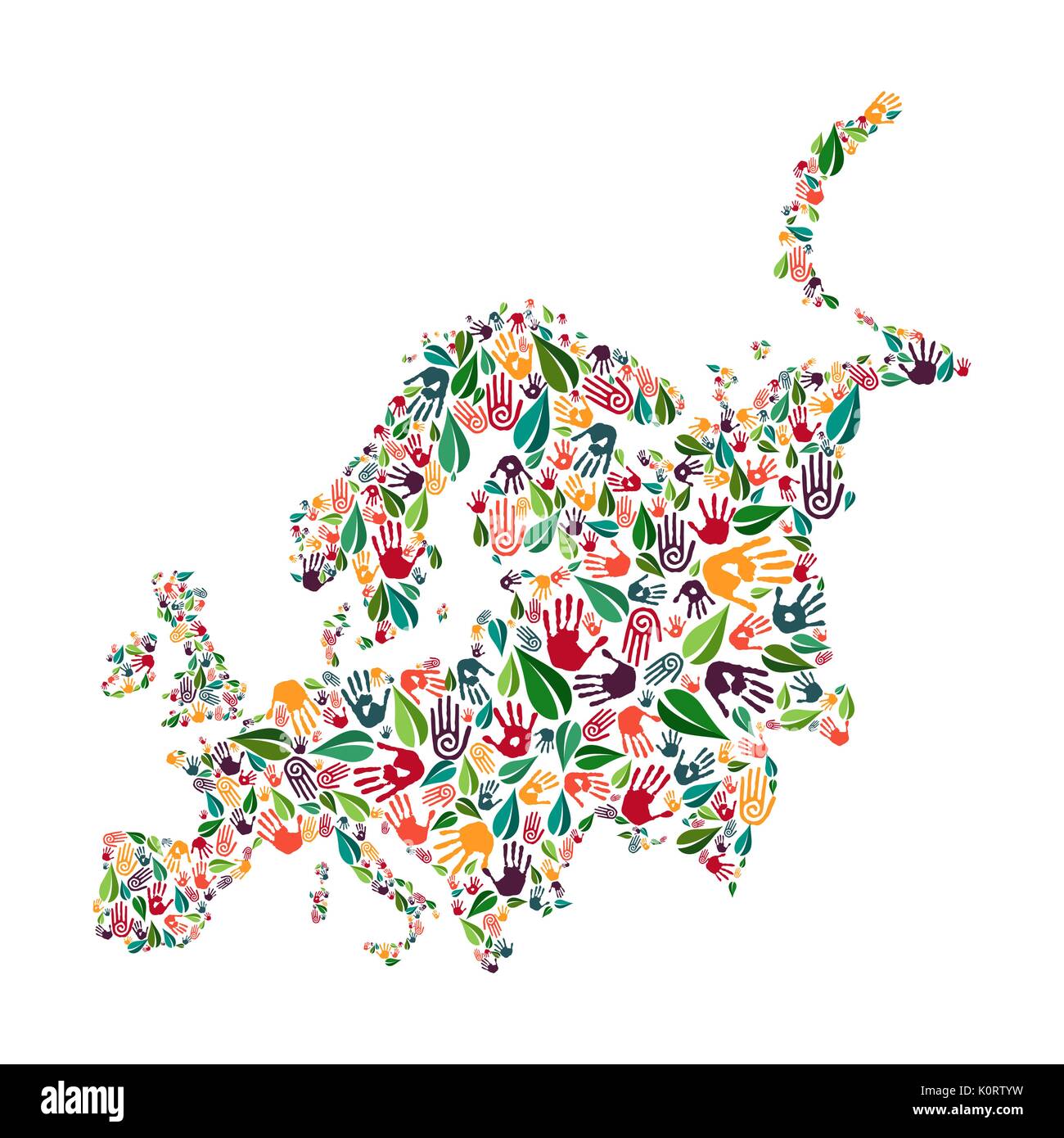 Continente europeo forma con il verde delle foglie e la mano umana stampe. Europa mondo aiuto concetto illustrazione per opera di carità, la natura cura sociale o proje Illustrazione Vettoriale