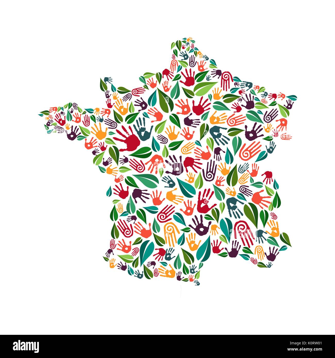 Paese francese forma con il verde delle foglie e la mano umana stampe. Francia mondo concetto guida illustrazione per opera di carità, la natura cura o progetto sociale. Illustrazione Vettoriale