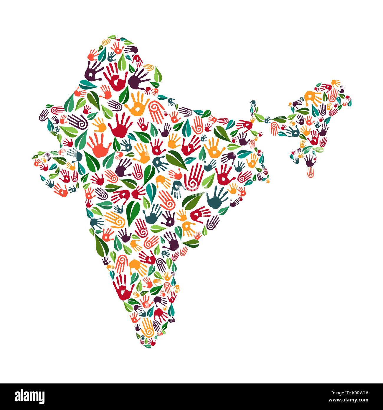 Paese indiano forma con il verde delle foglie e la mano umana stampe. India mondo concetto guida illustrazione per opera di carità, la natura cura o progetto sociale. E Illustrazione Vettoriale