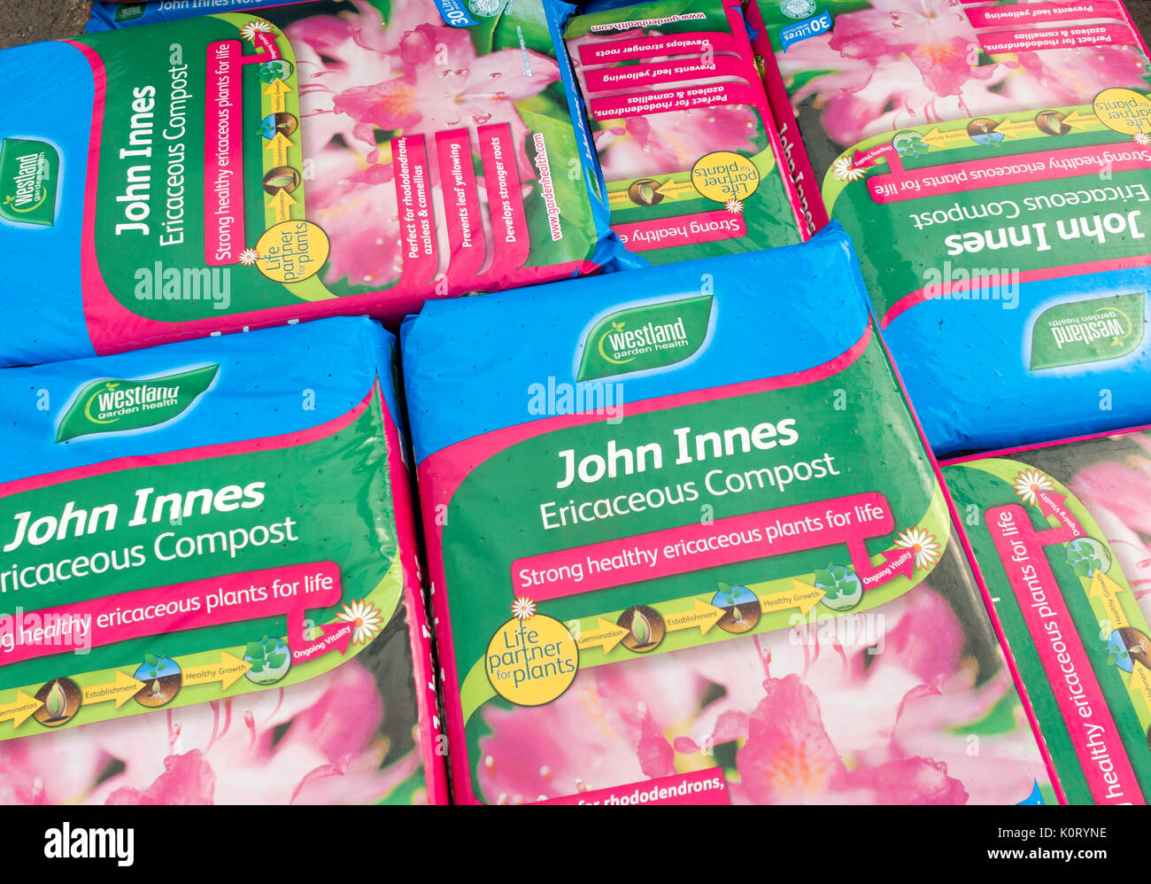 Una pila di sacchi di Westland John Innes ericaceous composto in un garden center Foto Stock