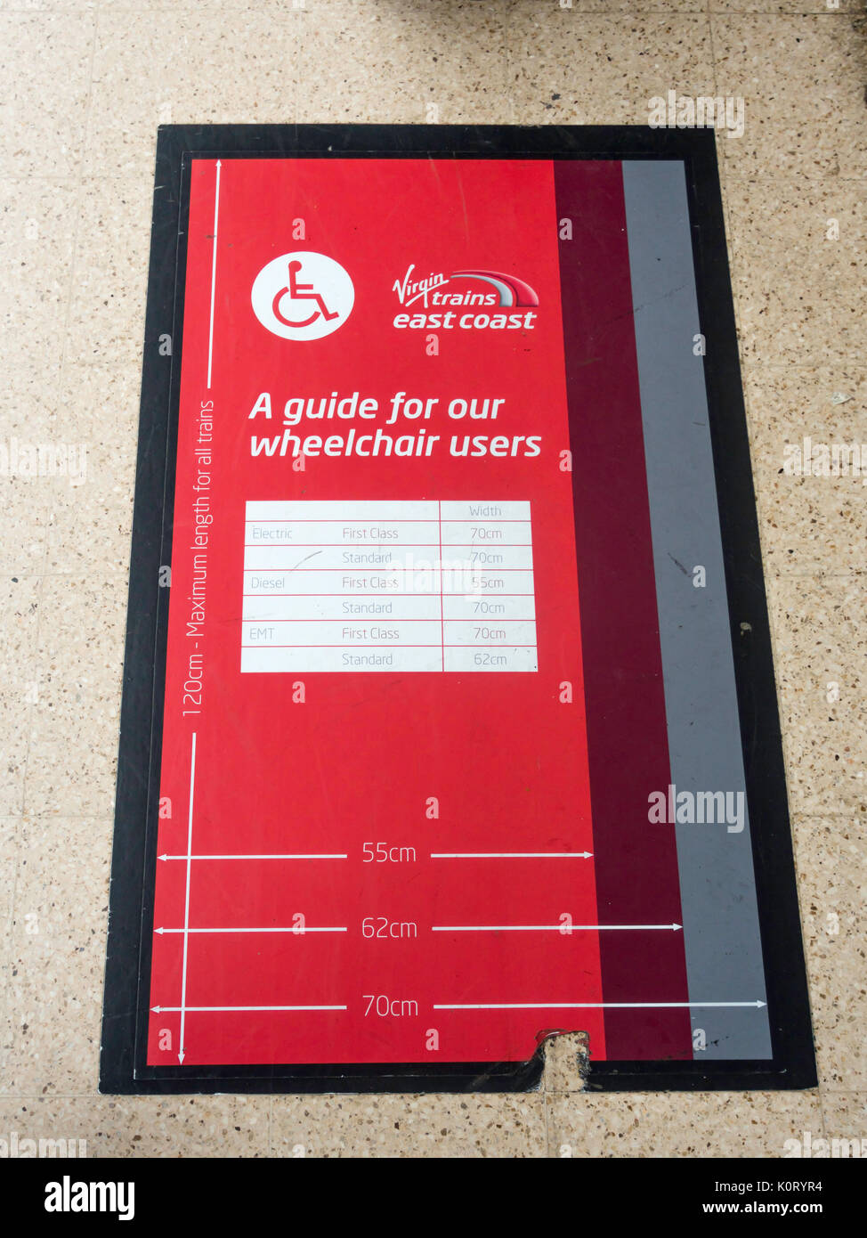 Una guida per gli utenti di sedia a rotelle su una vergine Inter City treni che mostra le dimensioni massime per sedie a rotelle su varie classi e tipi di treno Foto Stock