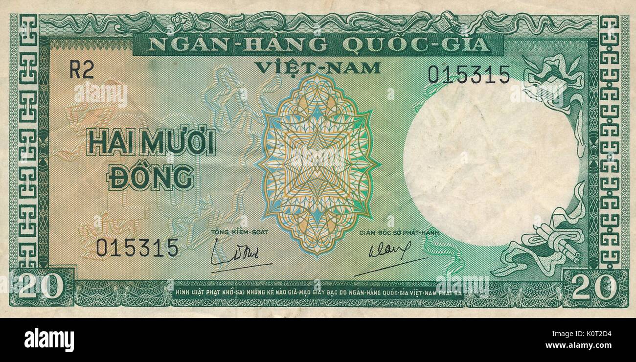 20 Dong nota, una moneta vietnamita nota rilasciati durante la Guerra del  Vietnam del Sud Vietnam, verde e il colore bianco, 1964 Foto stock - Alamy