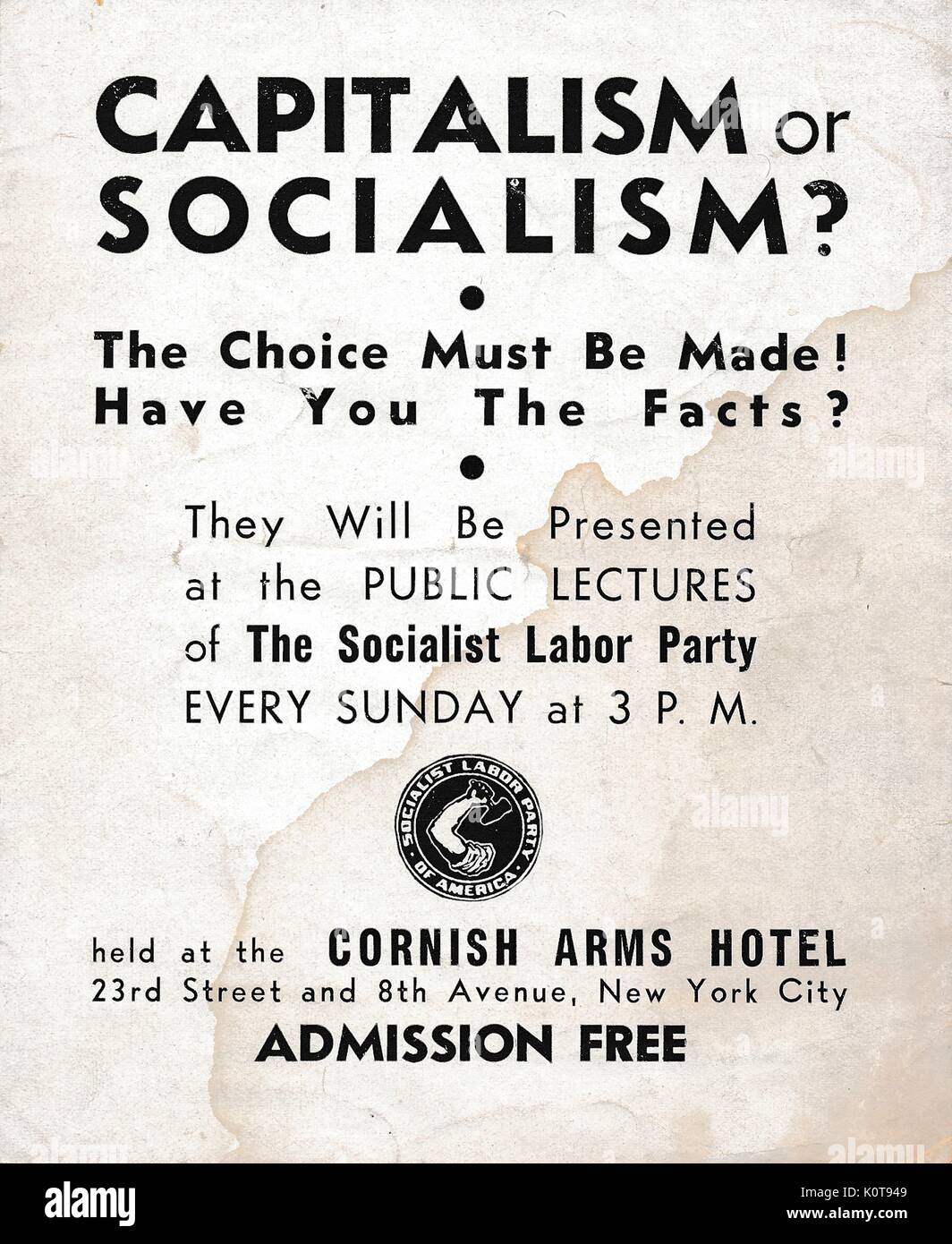 Una guerra del Vietnam era il foglietto dal Partito socialista laburista intitolato "Il capitalismo o il socialismo" raccomanda ai cittadini di scegliere tra i due sistemi politici e dotate di [breve annuncio pubblicitario di una lezione pubblica, la città di New York, New York, 1970. Foto Stock