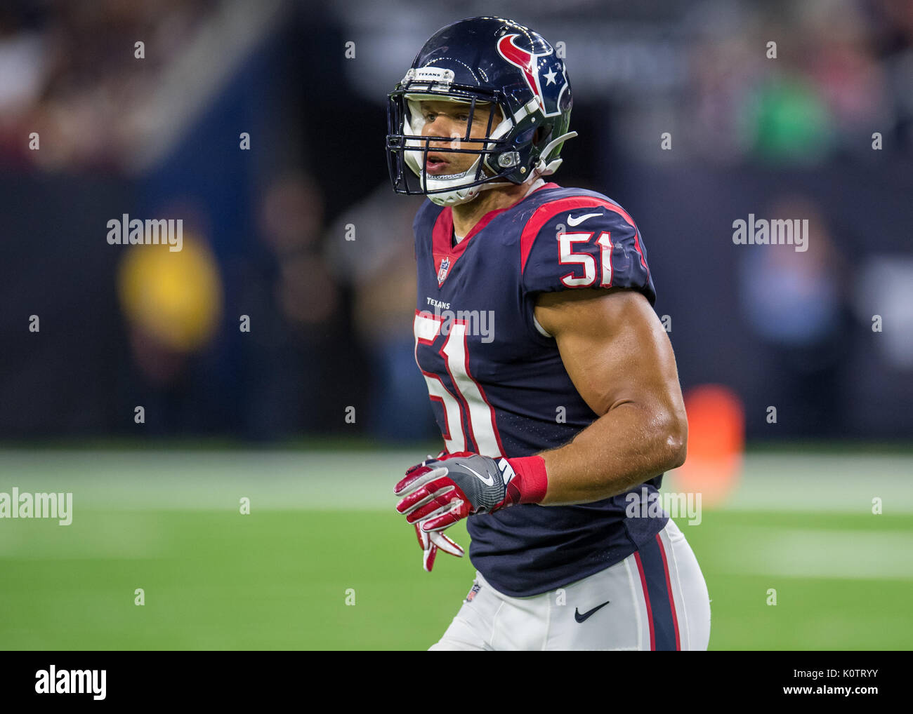 Agosto 19, 2017: Houston Texans linebacker Dylan Cole (51) durante il terzo trimestre di un NFL Football pre-stagione partita tra Houston Texans e il New England Patriots a NRG Stadium di Houston, TX. I Texans hanno vinto il gioco 27-23...Trask Smith/CSM Foto Stock