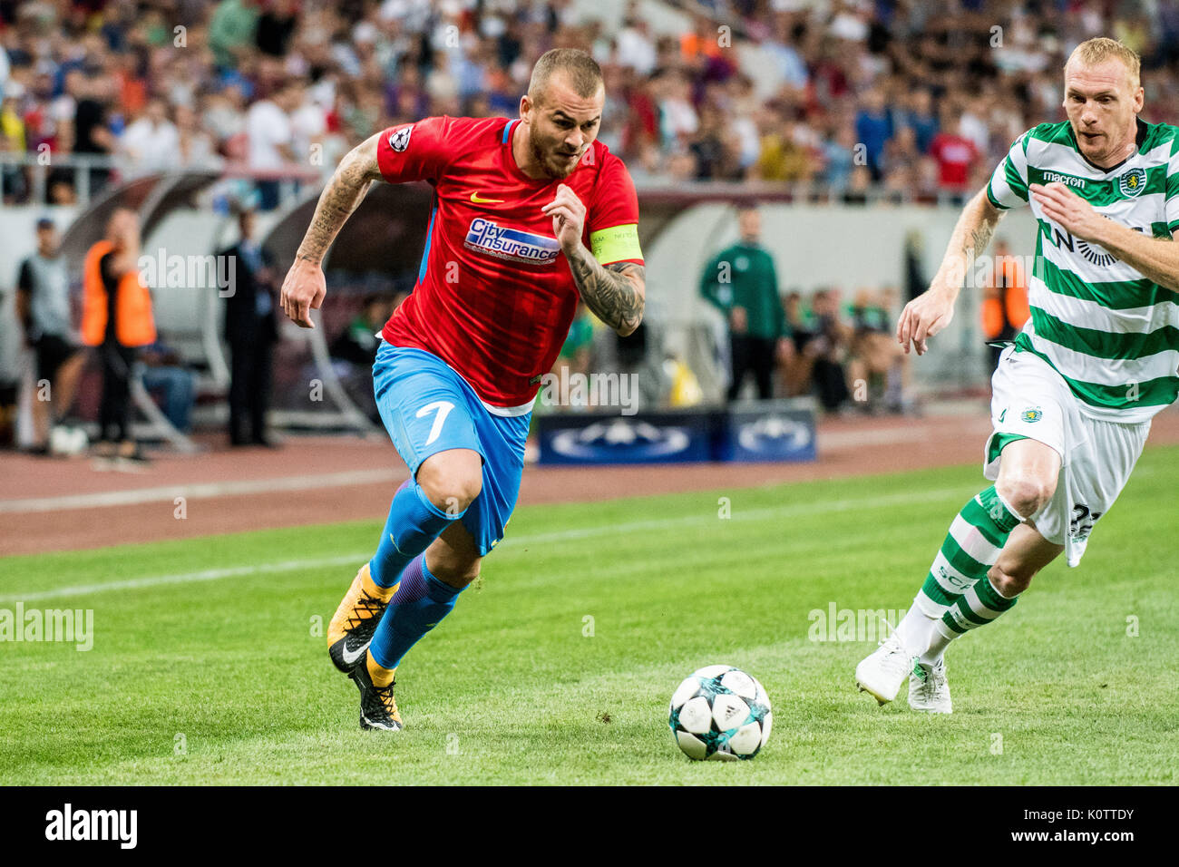 Agosto 23, 2017: Denis Alibec #7 di FCSB Bucarest durante la UEFA Champions League il 2017-2018, Play-Offs seconda gamba gioco tra FCSB Bucarest (ROU) e Sporting Clube de portogallo Lisbona (POR) a livello nazionale stadio Arena, Bucarest, Romania ROU. Foto: Cronos/Catalin Soare Foto Stock