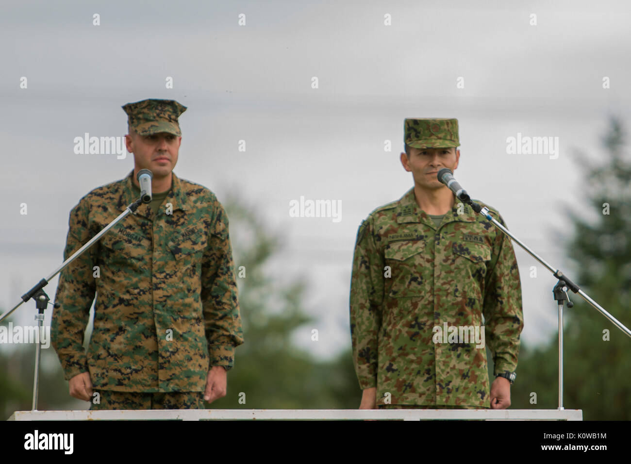 Stati Uniti Marine Corps Col. Jeffery Morgan, XII Marines Comandante, e Massa giapponese Self Defence Force Commander stand ad attenzione a Yausubetsu Training Camp, Giappone, Agosto 18, 2017. La cerimonia di premiazione è stata ospitata per la apertura esercizio Northern Viper. (U.S. Marine Corps photo by MCIPAC combattere lancia fotocamera Cpl. André T. Peterson) Foto Stock