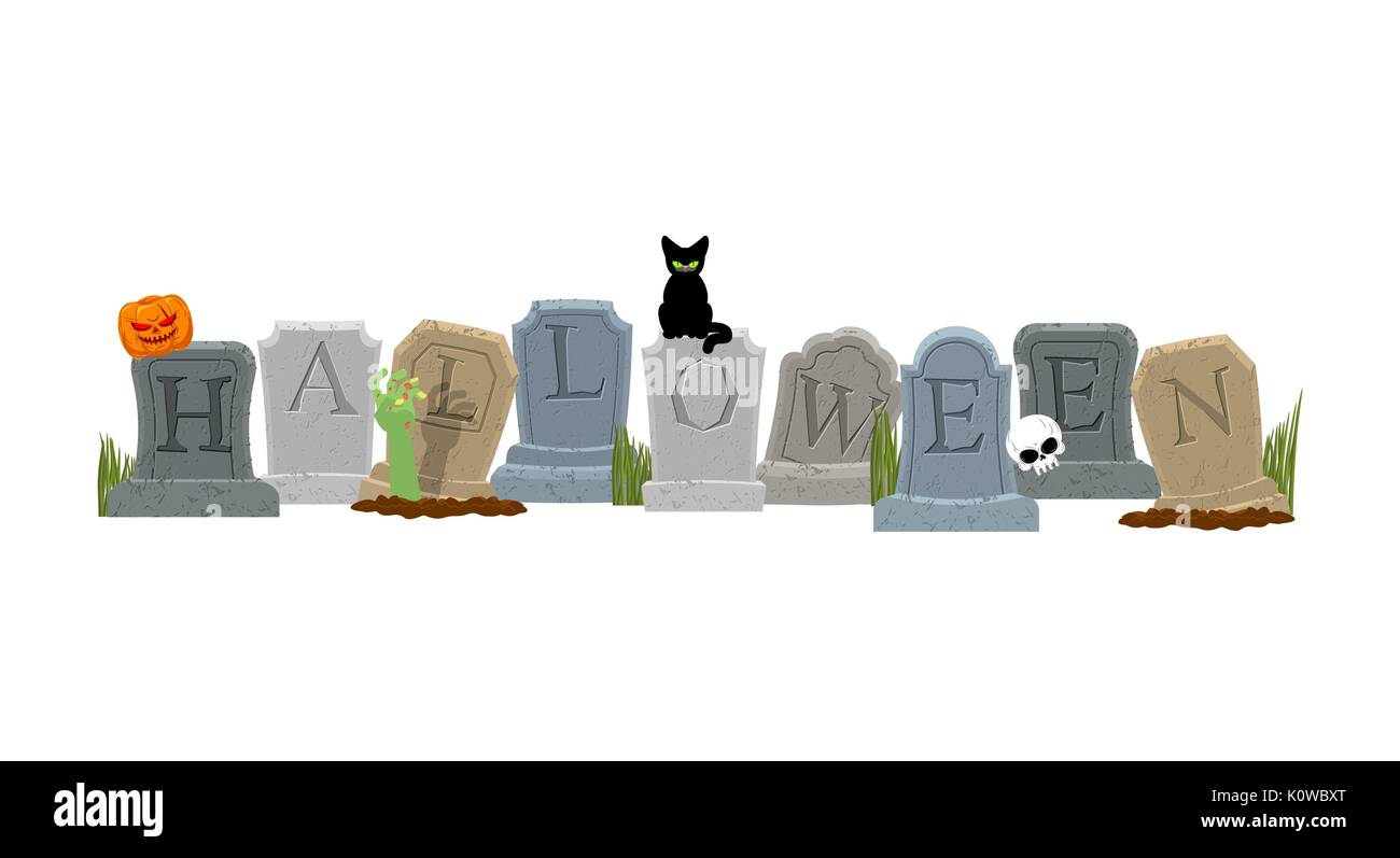 Halloween. Grave e la mano di zombie. Gatto nero e il cranio. Sinistri di zucca. Pietra tombale nel cimitero. Illustrazione per la terribile holiday Illustrazione Vettoriale