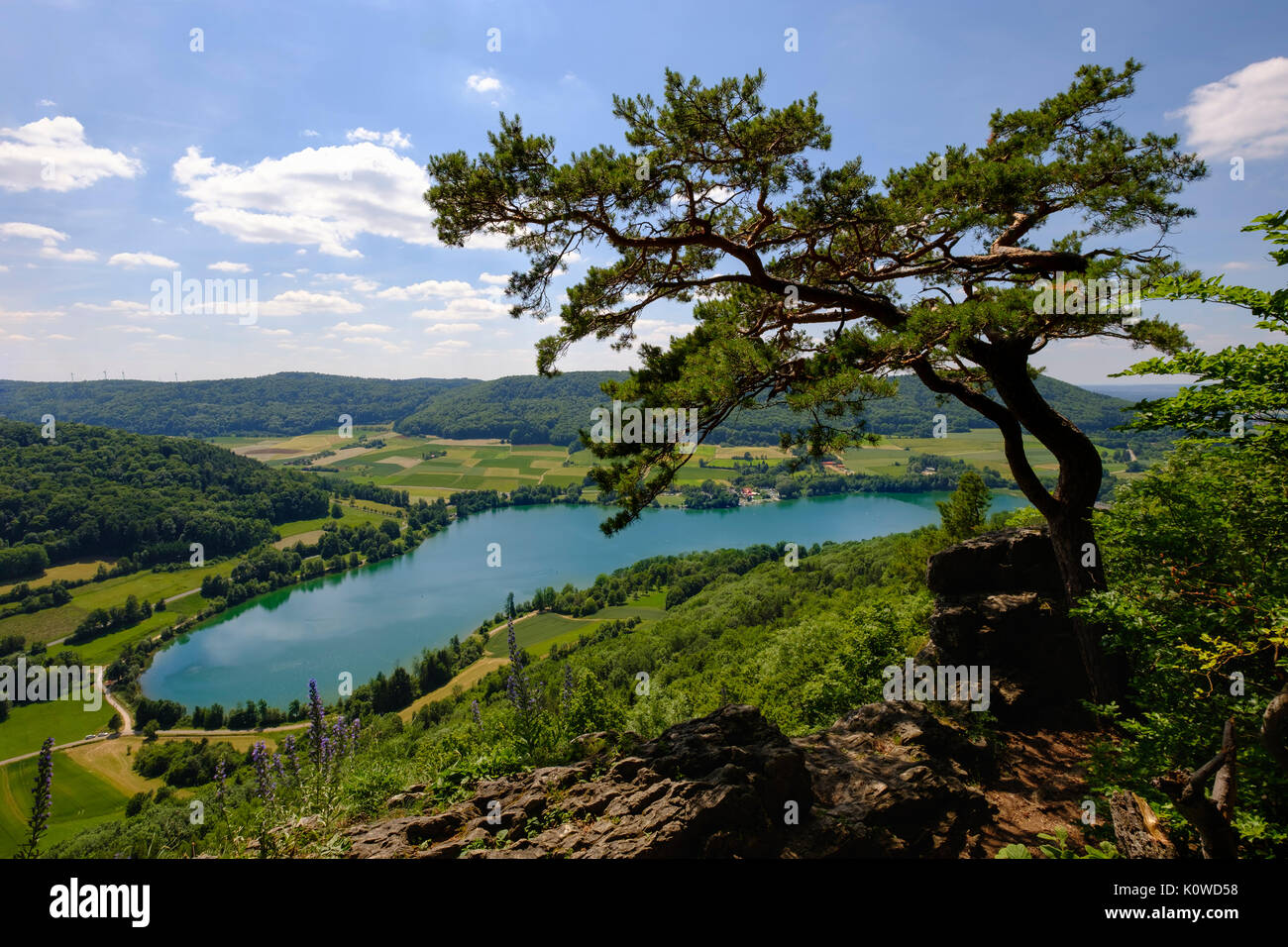 Happurger lago, vista dal Houbirg, vicino Happurg, Hersbrucker Alb, Media Franconia, Franconia, Baviera, Germania Foto Stock