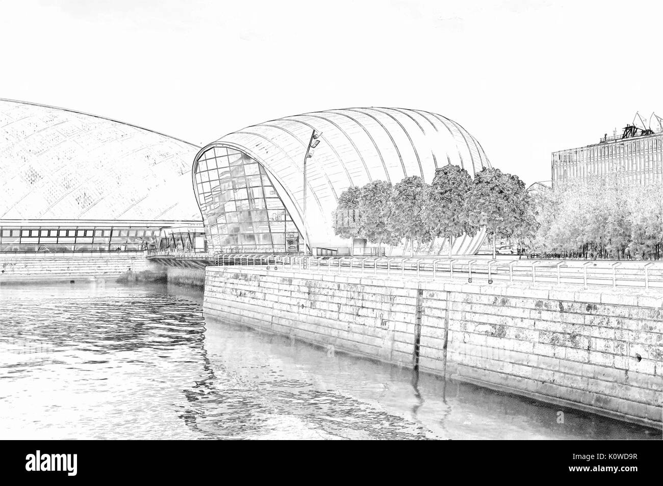Schizzo a matita del Cineworld IMAX a Glasgow Science Centre Sulle rive del fiume Clyde a Glasgow, Scozia Foto Stock