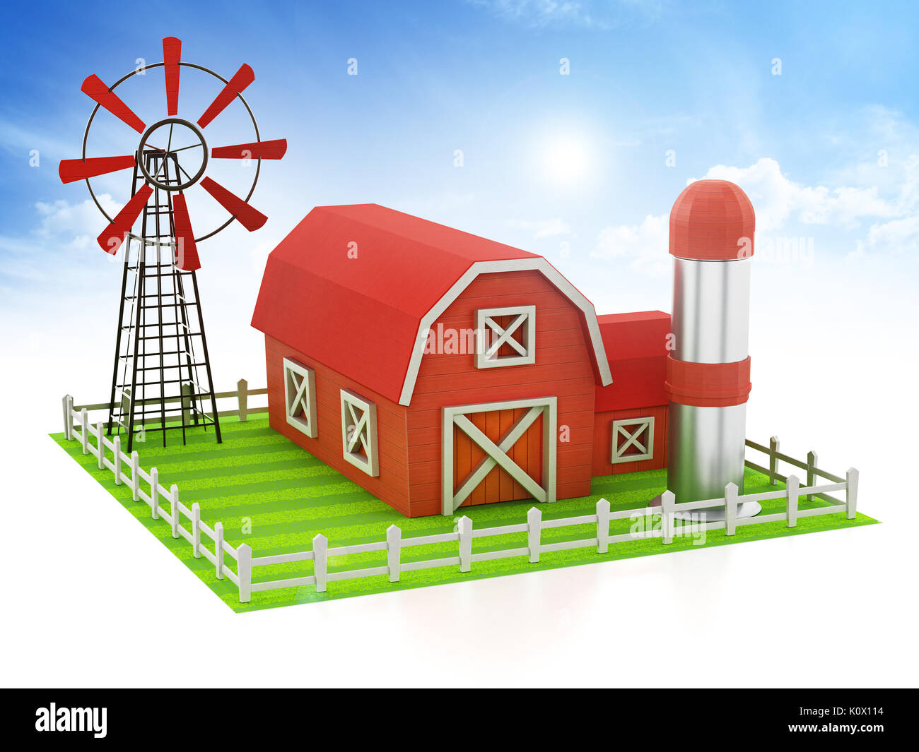 Casa colonica con il mulino a vento di silo e permanente sulla zona verde. 3D'illustrazione. Foto Stock