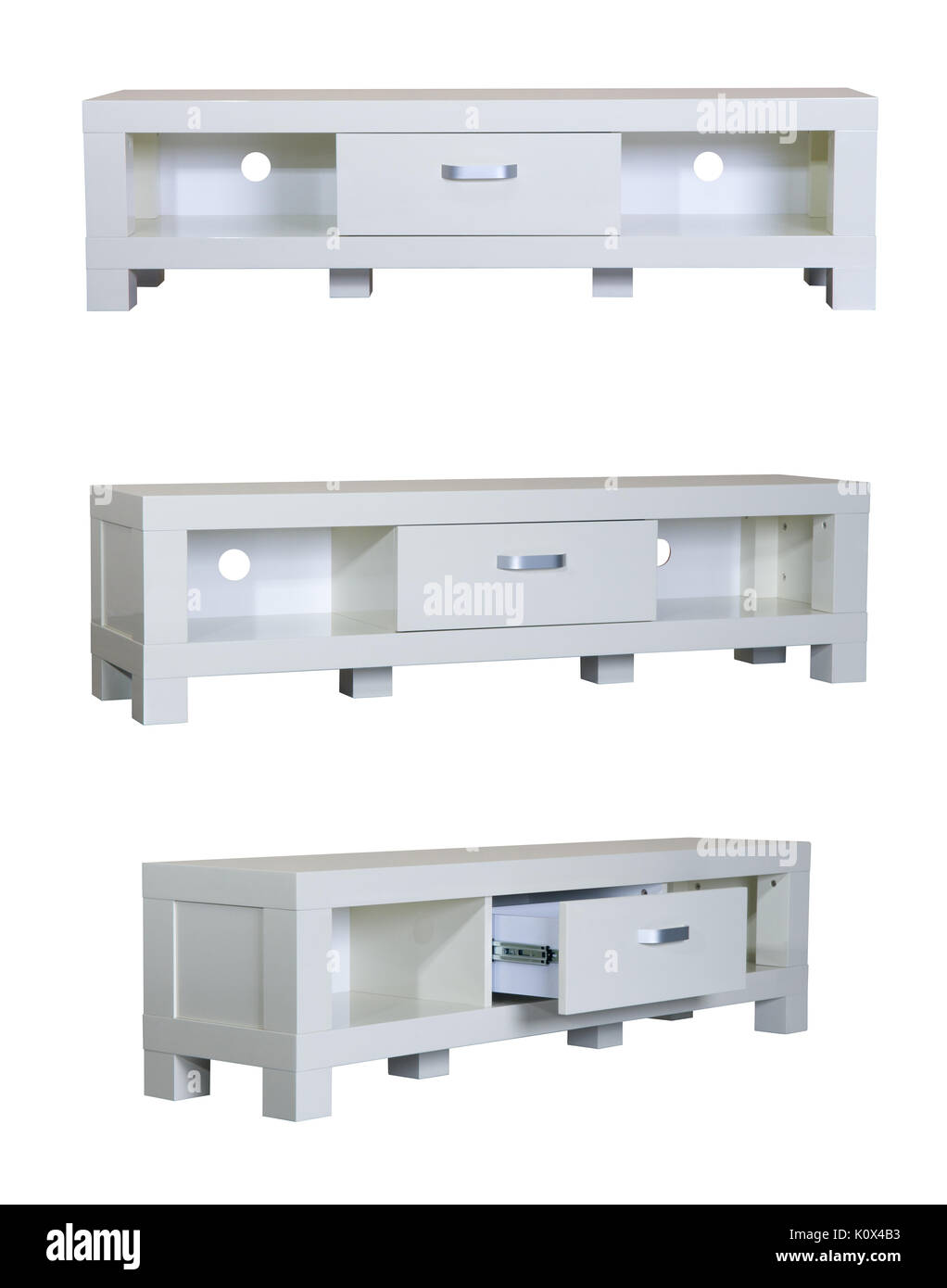 Legno bianco cassetto TV mobili su sfondo bianco Foto Stock