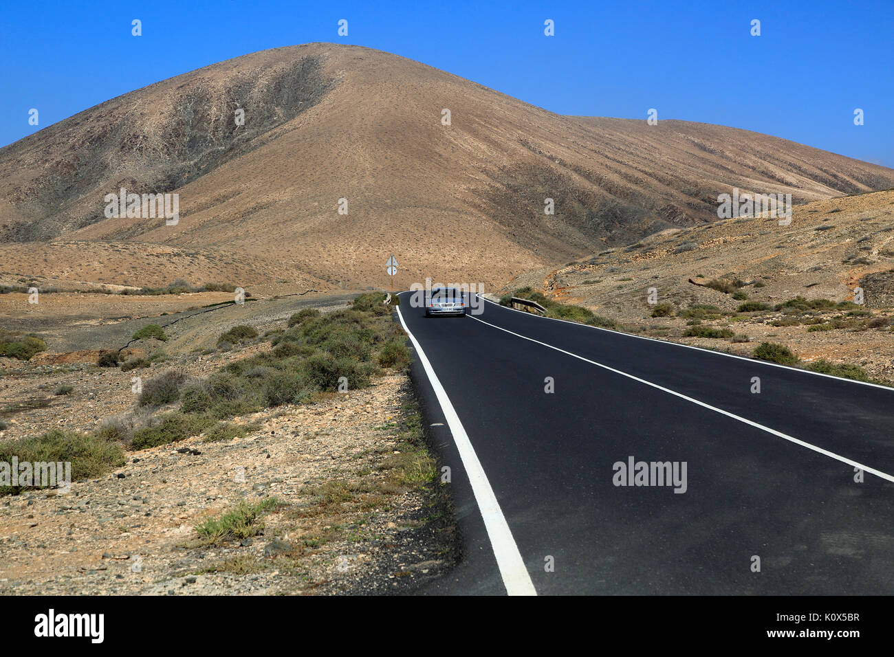 Su strada asfaltata attraversando il deserto, Fuerteventura, vicino a Pajara, Isole Canarie, Spagna Foto Stock