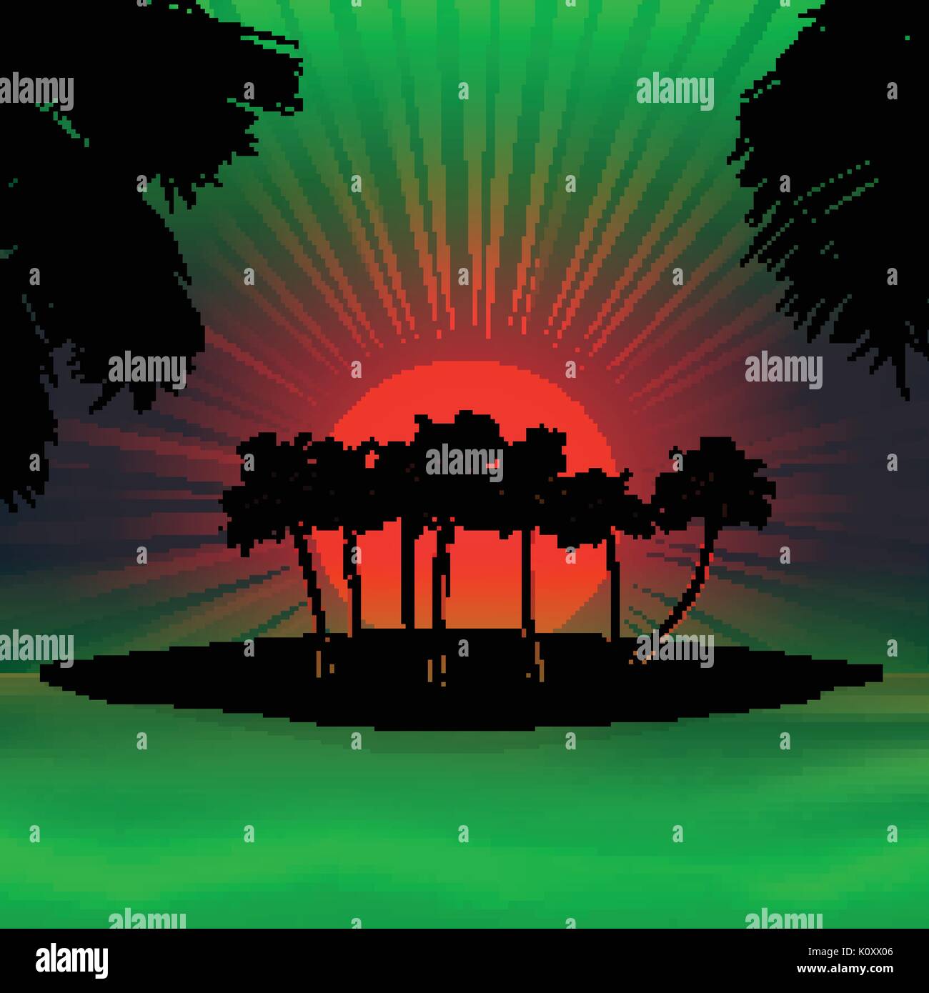 Silhouette di isola tropicale con palme su rosso e verde Tramonto Illustrazione Vettoriale