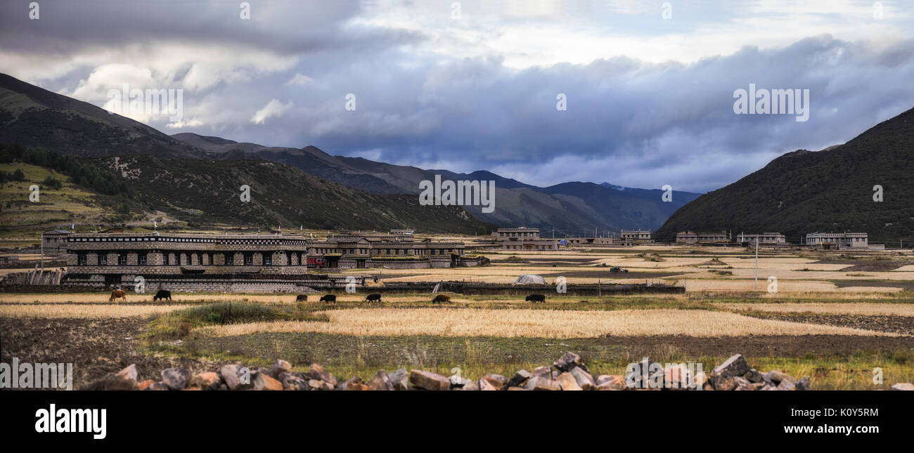 Altopiano tibetano paesaggi e architettura tradizionale Foto Stock