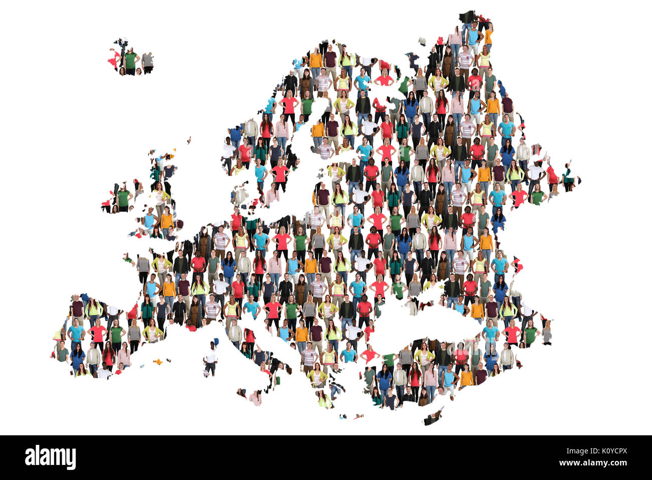 Mappa Europa gruppo multiculturale di integrazione delle persone di immigrazione isolato di diversità Foto Stock