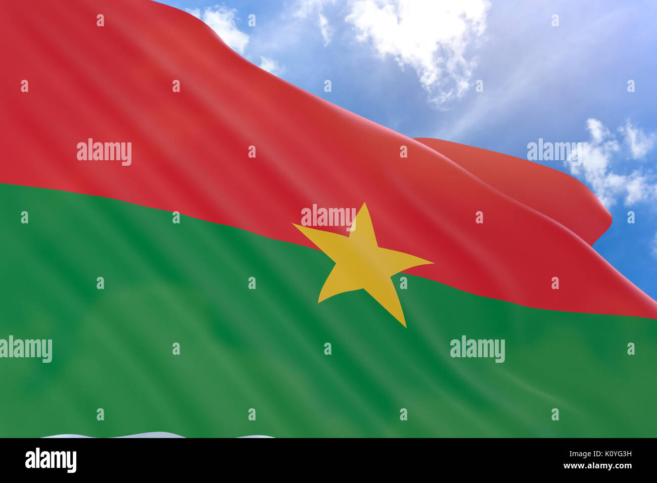 3D rendering del Burkina Faso bandiera sventola sul cielo blu, sfondo Haute-Volta (come il Burkina Faso è stato chiamato) guadagnata la sua indipendenza il 5 agosto 1960. Ce Foto Stock