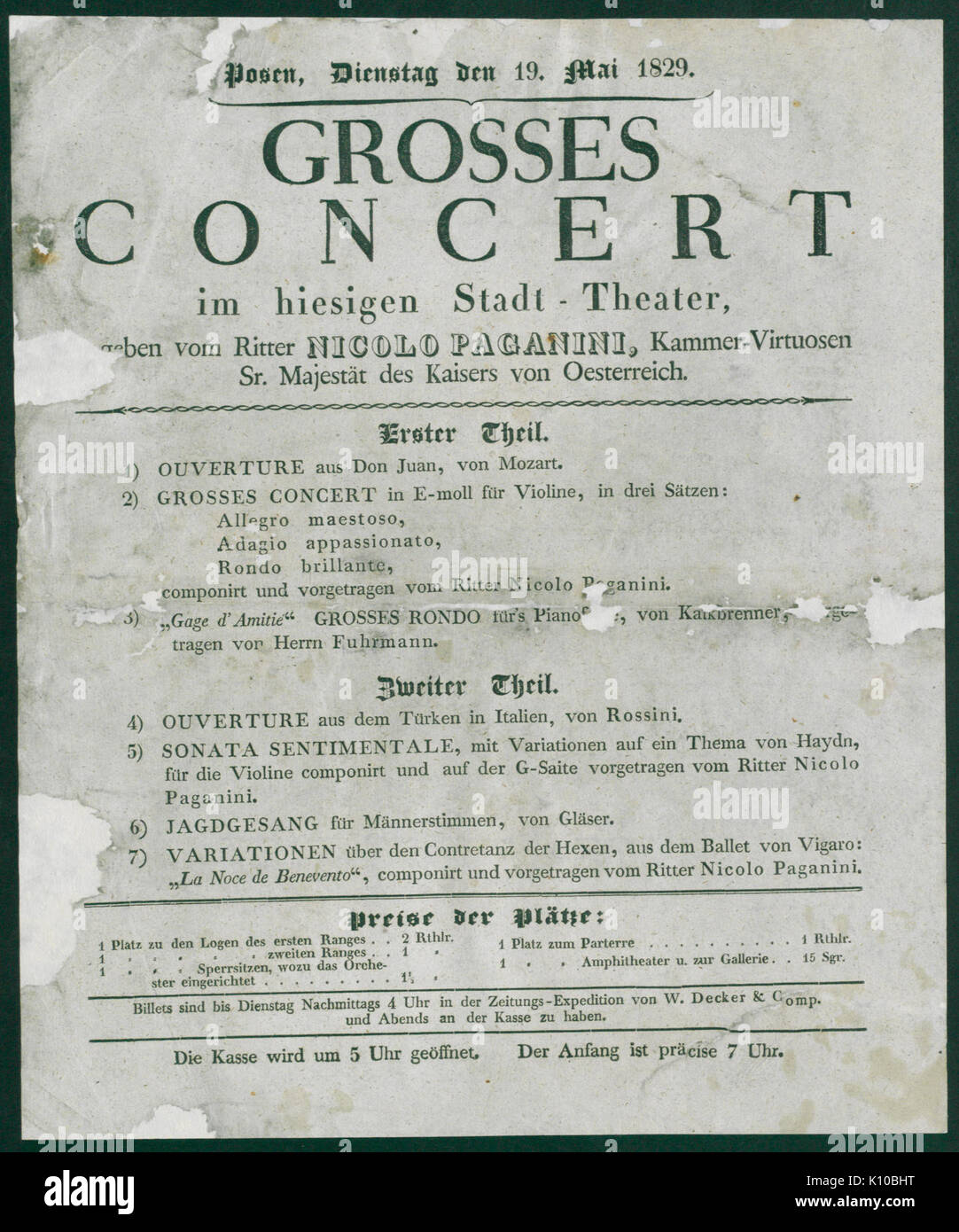 Afisz programem z koncertu Paganiniego w Poznaniu w 1829 Foto Stock