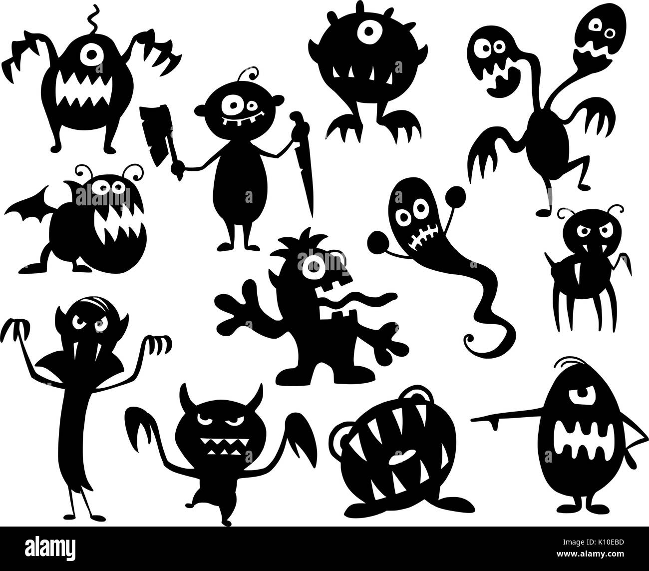 Disegno a mano illustrazione set di carino halloween monster silhouette. Illustrazione Vettoriale