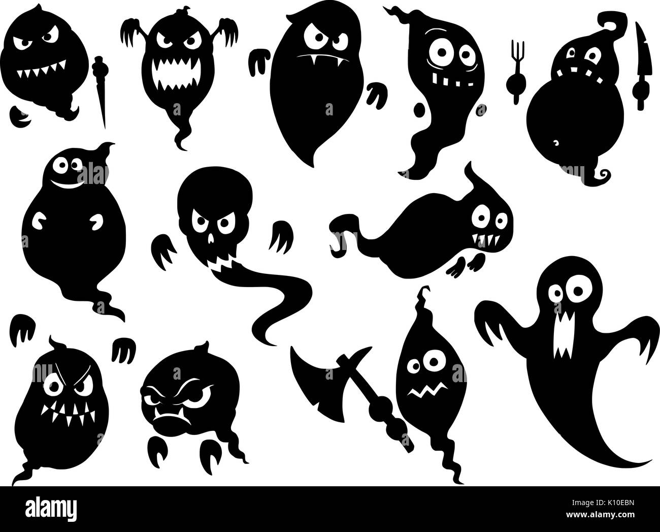 Disegno a mano illustrazione set di carino halloween monster ghost silhouette. Illustrazione Vettoriale