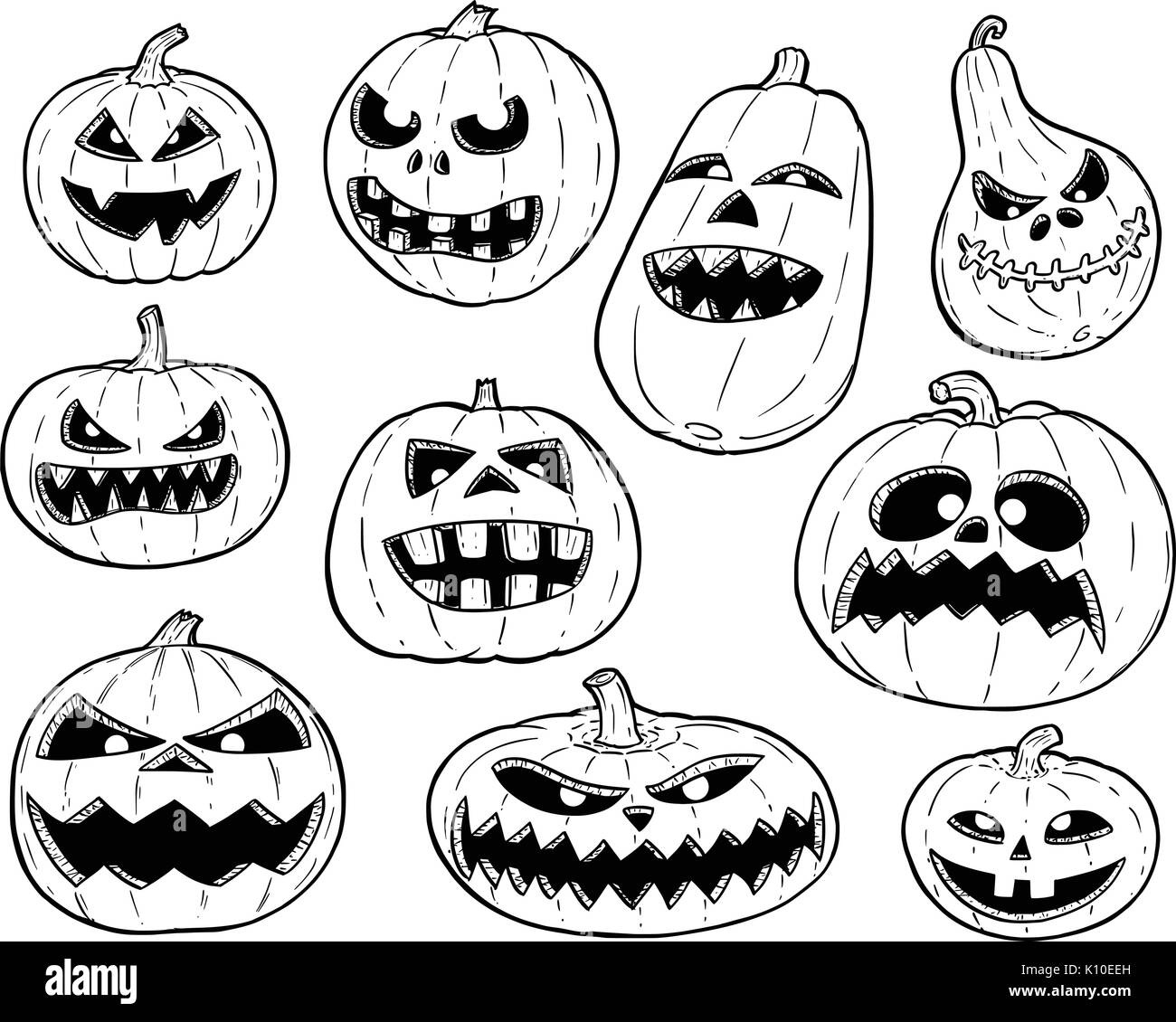Set di carino del disegno a mano illustrazione della zucca di Halloween disegni. Illustrazione Vettoriale