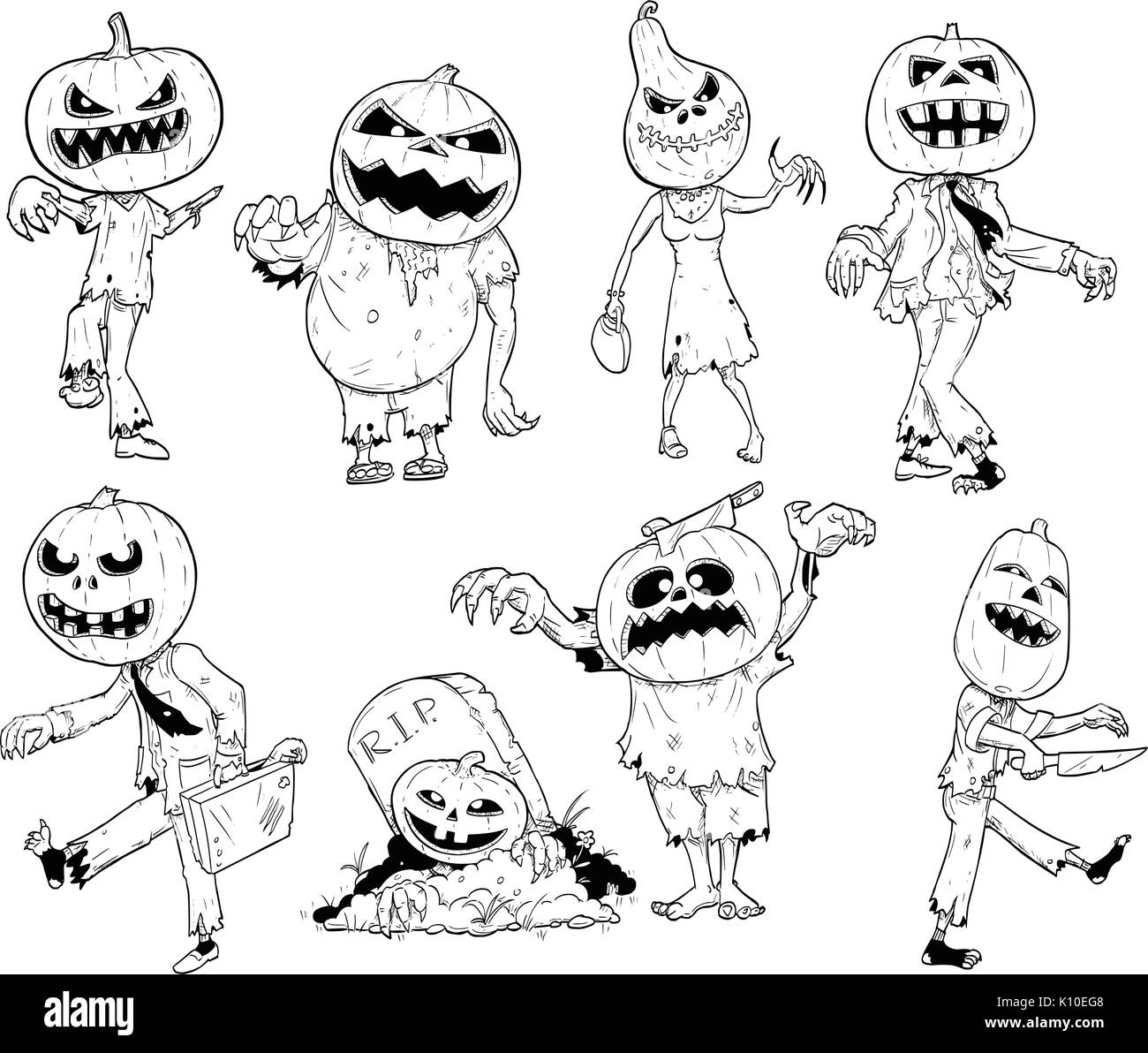Set di carino del disegno a mano illustrazione di halloween zombie con testa di zucca disegni. Illustrazione Vettoriale