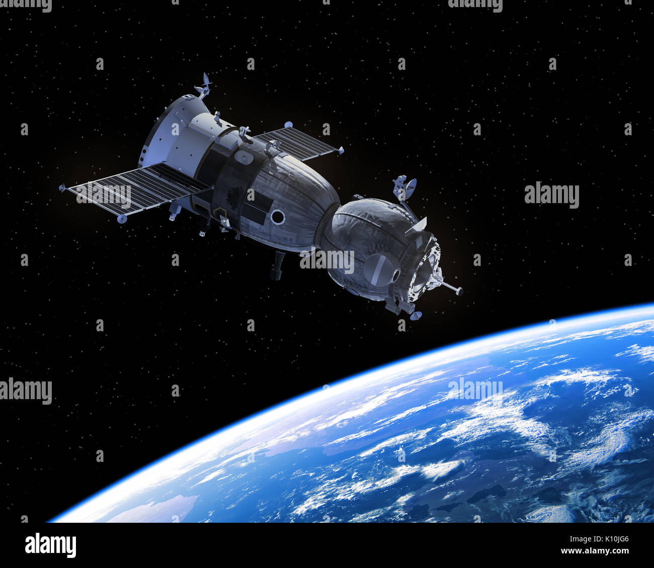 La navicella spaziale si sta preparando a sbarcare sul Pianeta Terra. 3D'illustrazione. Foto Stock