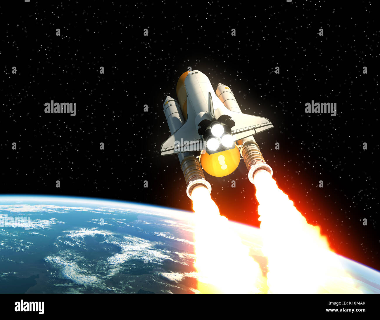 Navetta spaziale Lancio sopra il pianeta Terra. 3D'illustrazione. Foto Stock