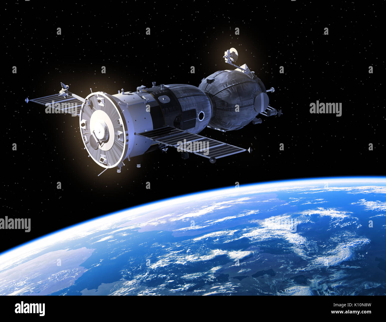 Veicoli spaziali sorvolano il pianeta Terra. 3D'illustrazione. Foto Stock