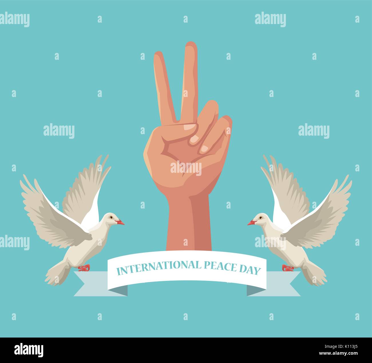 Poster a colori coppia piccioni volare con olive branch nel picco della vittoria a mano nastro simbolo internazionale della pace testo giorno Illustrazione Vettoriale