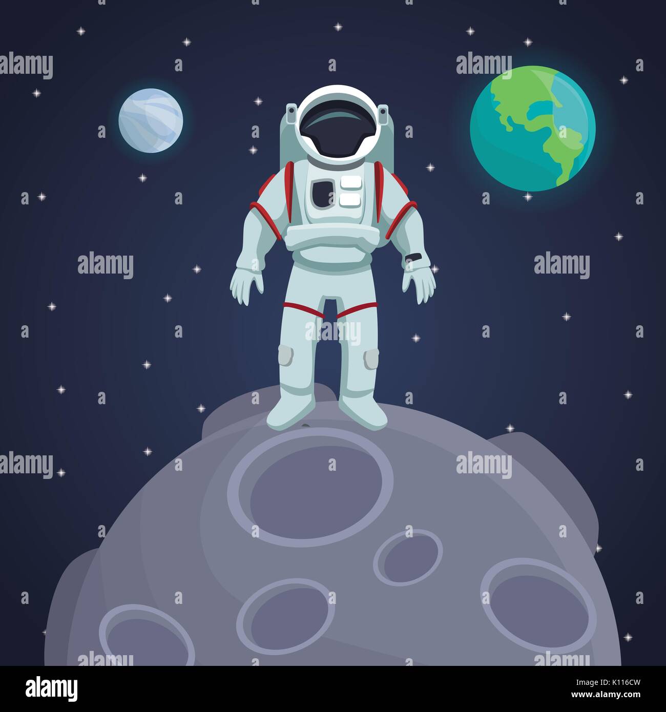 Spazio di colore di sfondo del paesaggio con astronauta su un pianeta e visualizzare il cosmo Illustrazione Vettoriale