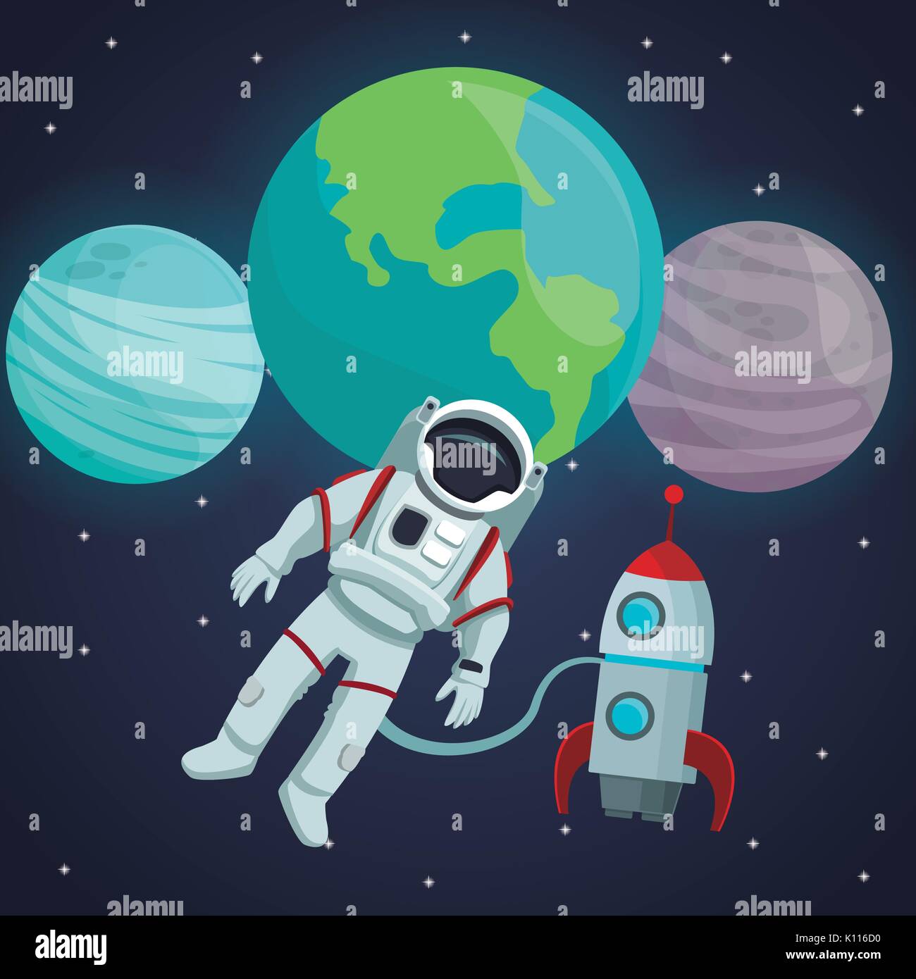 Spazio di colore di sfondo del paesaggio con l'Astronauta e rucola battenti nel cosmo e la vista dei pianeti Illustrazione Vettoriale