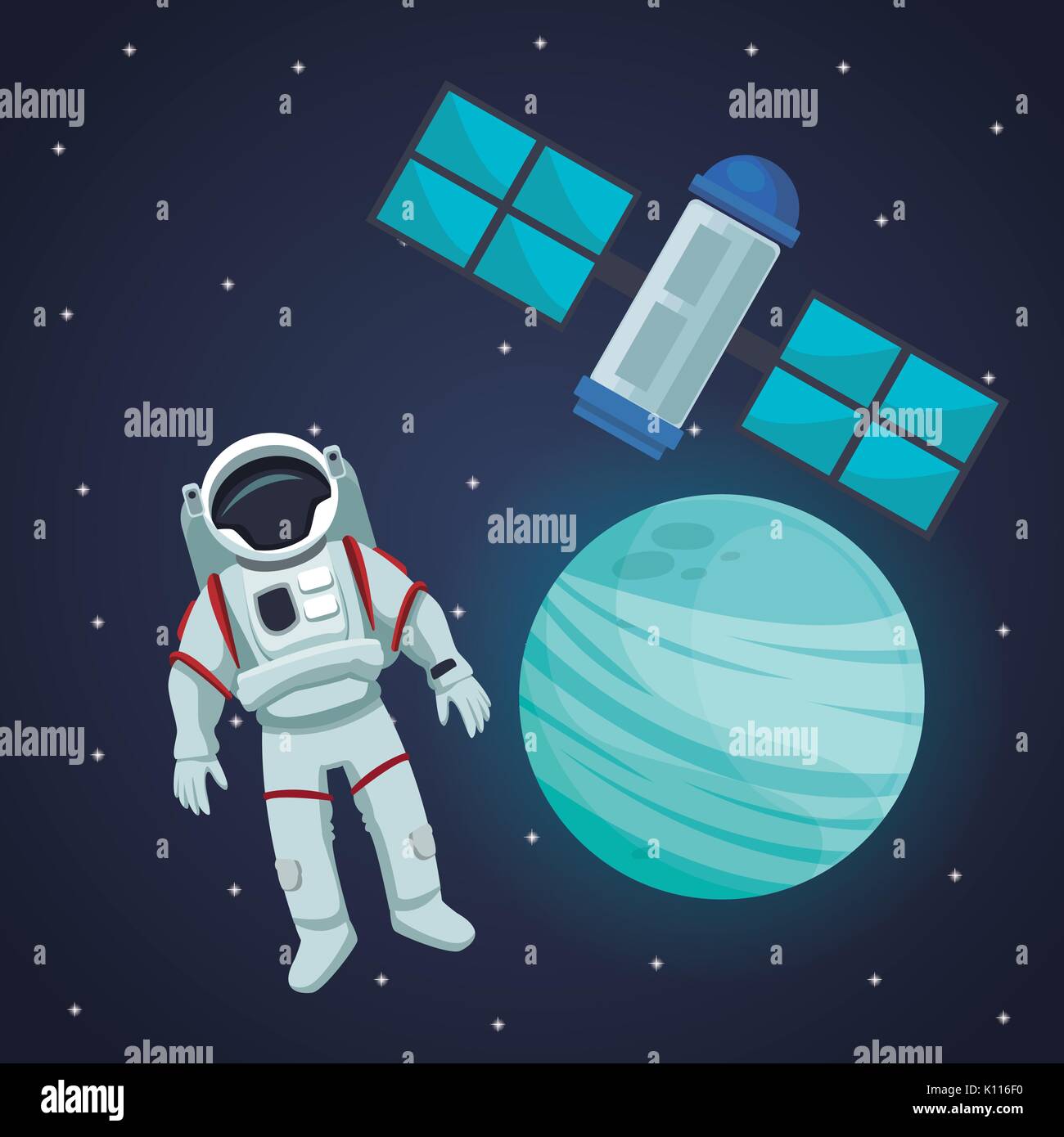 Spazio di colore di sfondo del paesaggio con l'Astronauta e visualizzare il pianeta Nettuno con satellite Illustrazione Vettoriale