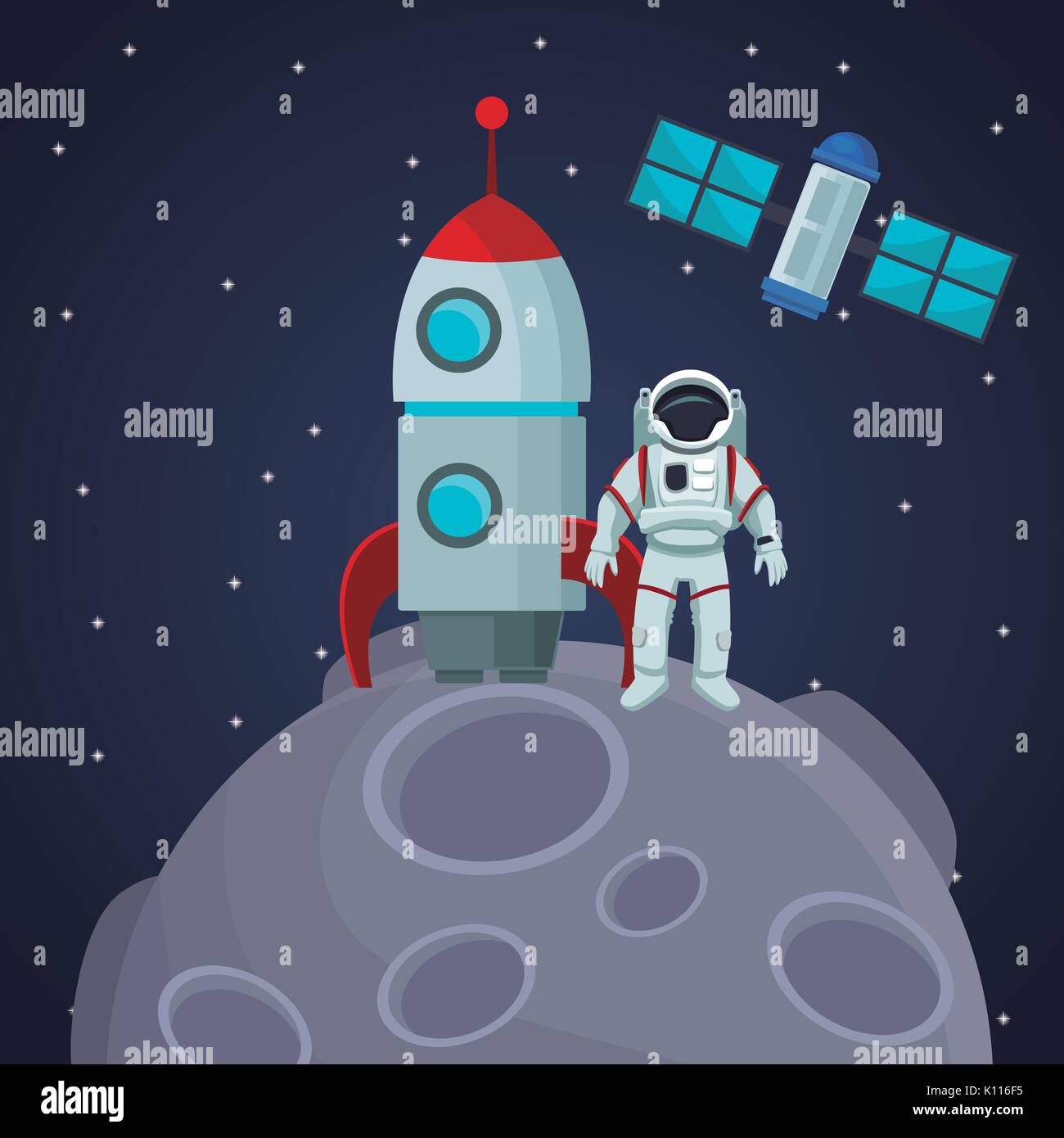Spazio di colore di sfondo del paesaggio con astronauta su un pianeta in astronave e satellite Illustrazione Vettoriale