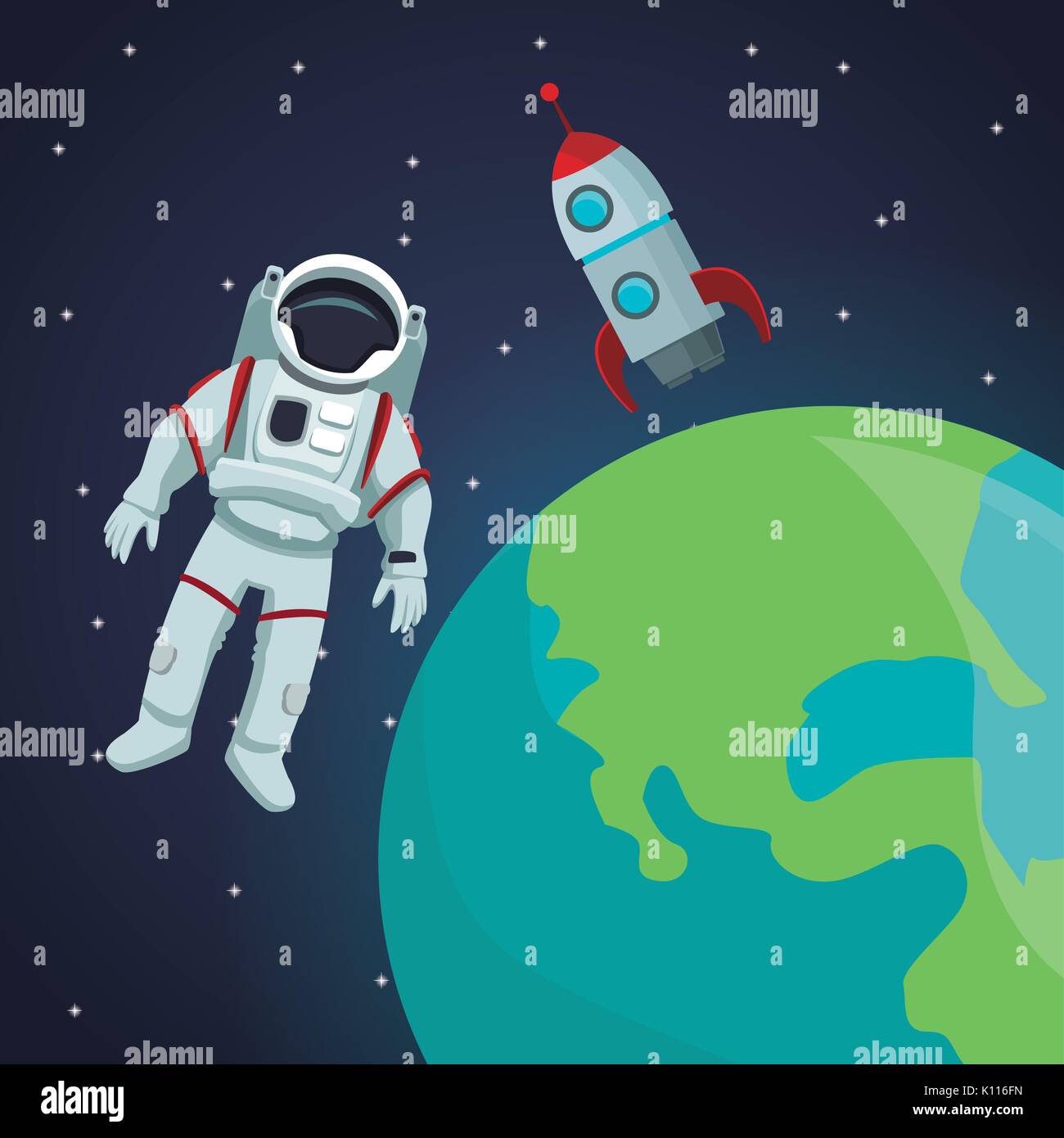 Spazio di colore di sfondo del paesaggio con l'Astronauta e rucola con vista al pianeta terra Illustrazione Vettoriale