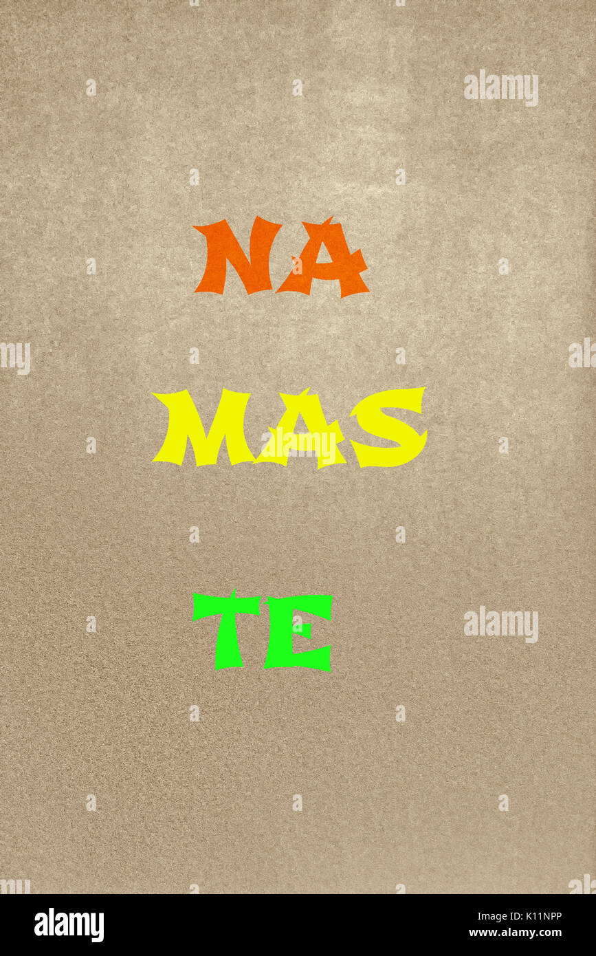 La parola Namaste poste su una lavagna sfondo texture. Graphic Design. Foto Stock
