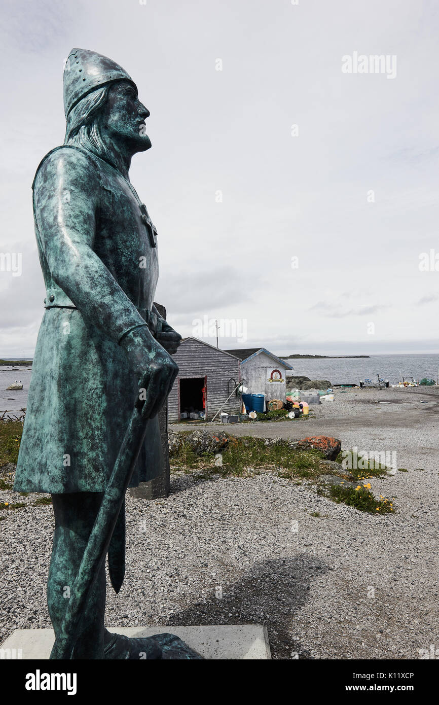 Leif Erikson statua, l'Anse Aux Meadows, Terranova, Canada. Islandese di Erikson è stato il primo europeo noto per scoprire continental Nord America. Foto Stock