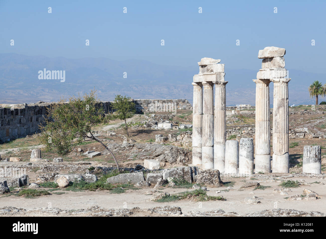 Colonne e rovine della città antica di Hierapolis in prossimità di Pamukkale, Turchia Foto Stock