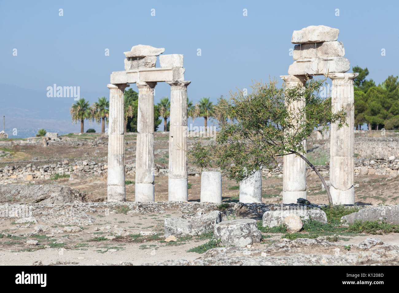 Colonne e rovine della città antica di Hierapolis in prossimità di Pamukkale, Turchia Foto Stock